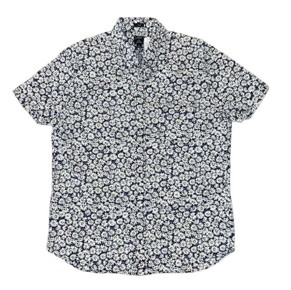 NWT J. Crew Men's Navy & White Short-Sleeve Floral/Daisy-Print Shirt - LARGE